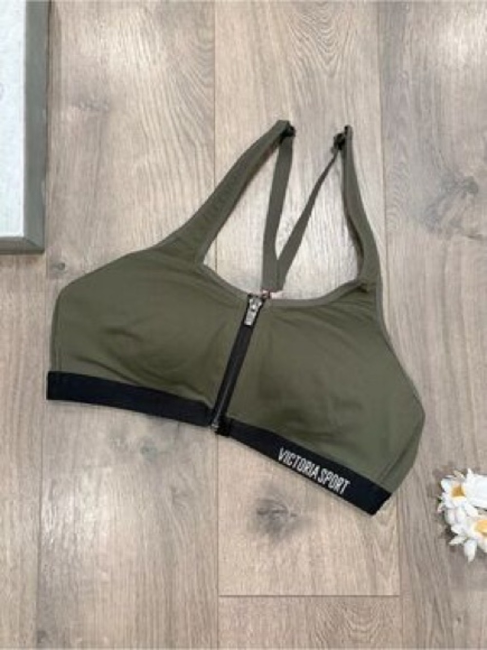 Victoria's Secret Knock Out Olive Front-Zip Sports Bra with pink straps